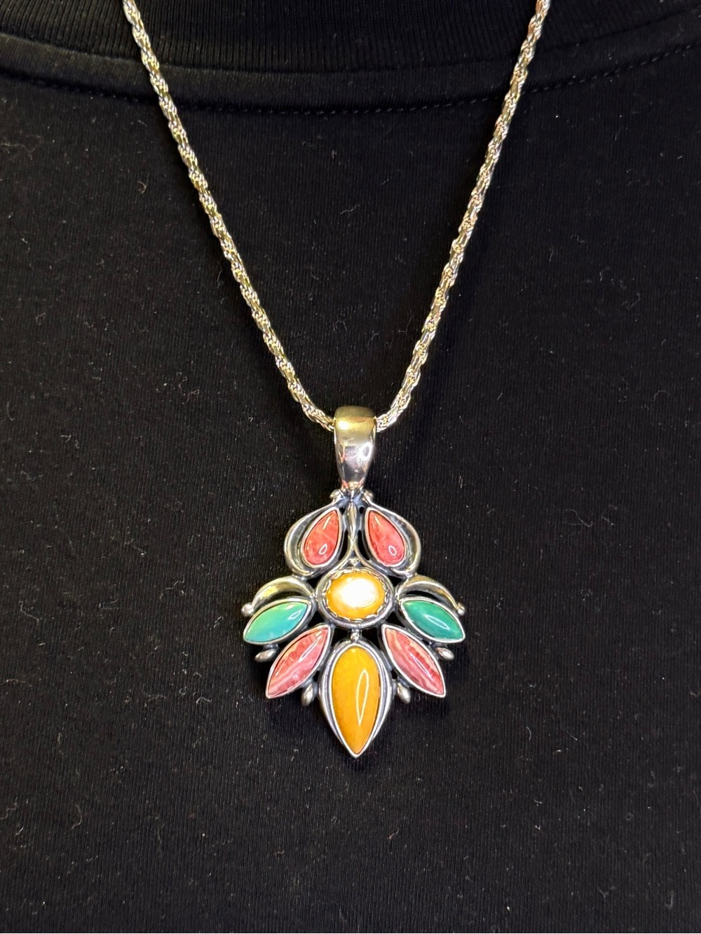 CAROLYN POLLACK Relios Sterling Silver Pink Yellow Green Large Pendant Necklace